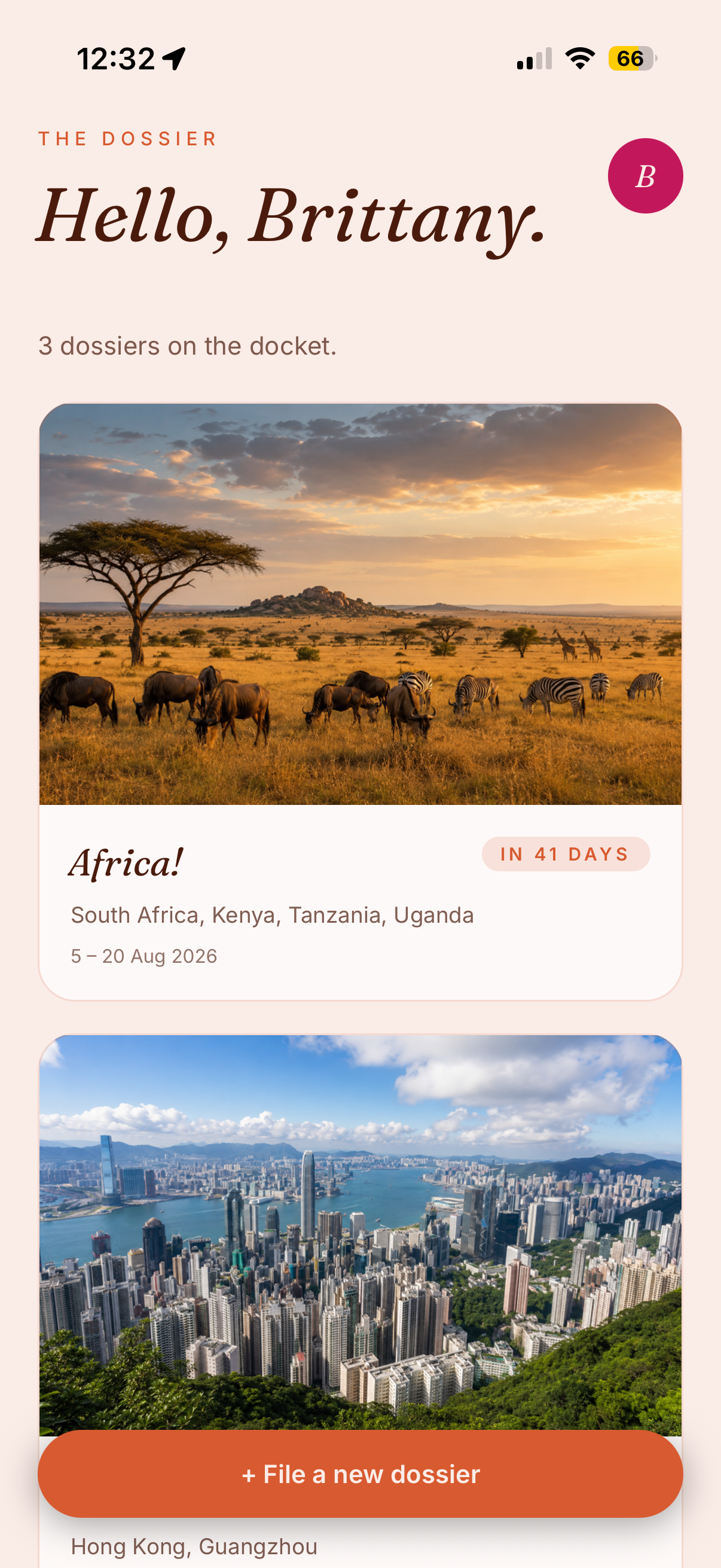 The Dossier home screen with a list of upcoming trips