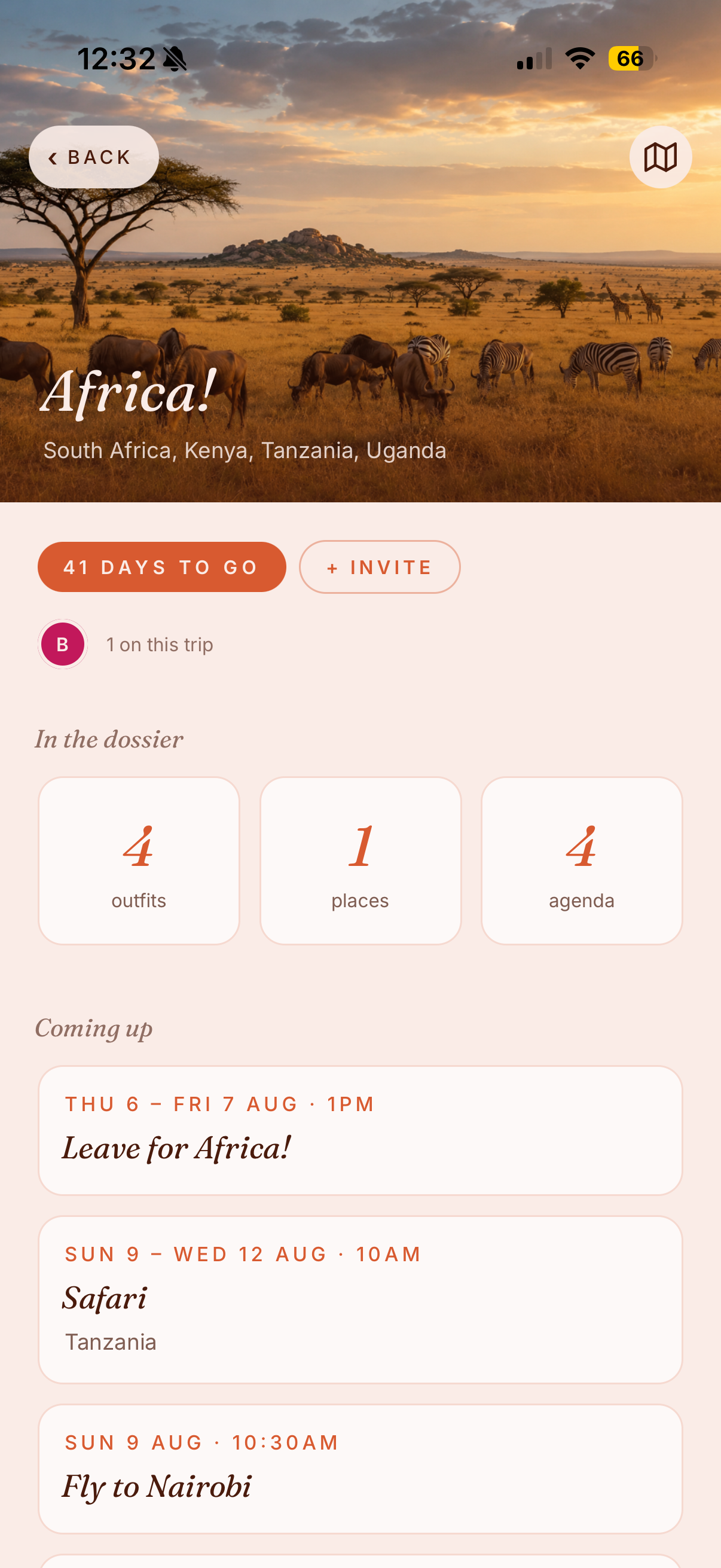 An Africa trip in The Dossier, showing days to go and the agenda