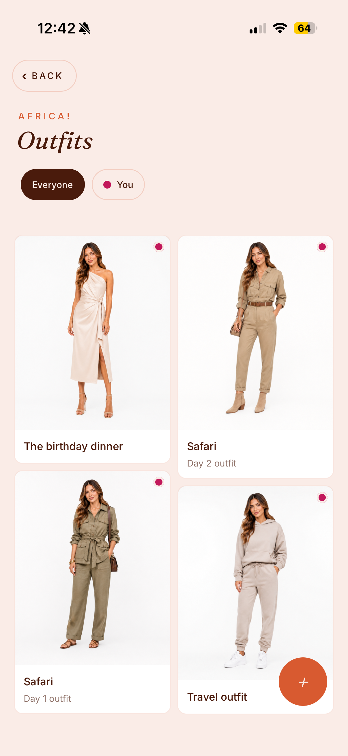 The outfits board for a trip, with looks pinned by occasion